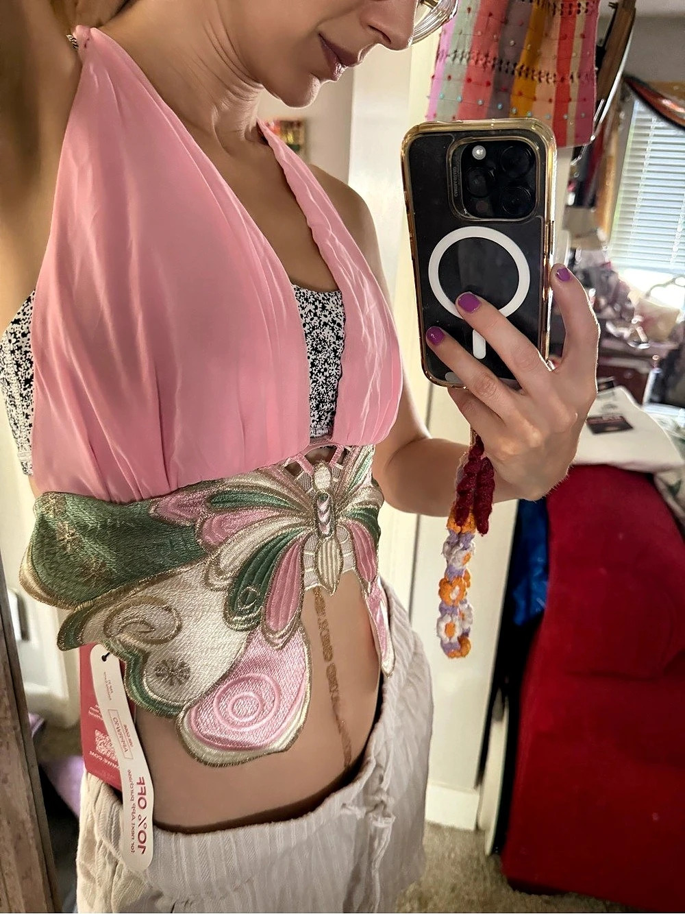Pink Floral Embellished Butterfly Crop Top NWT